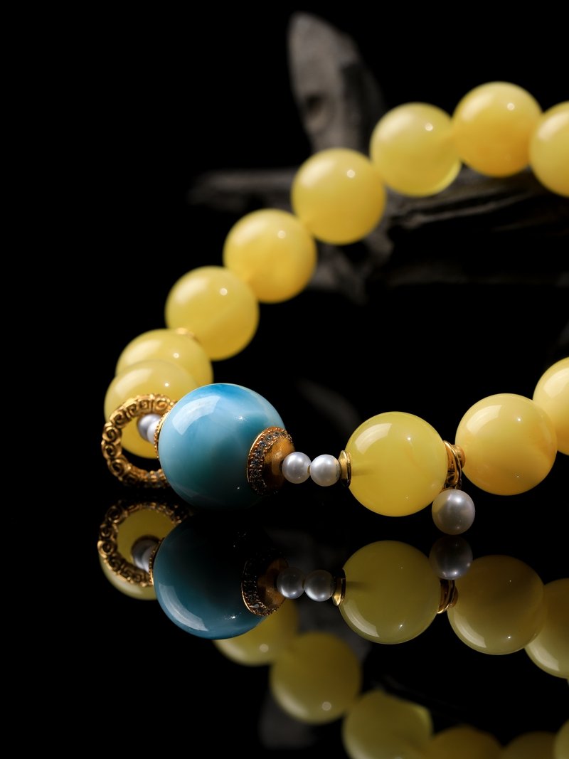 B15A0005 Natural Amber with Larimar Bracelet