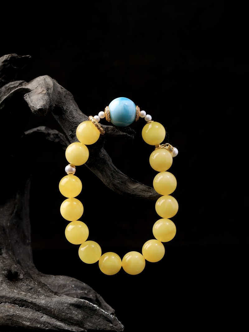 B15A0009 Natural Amber with Larimar Bracelet