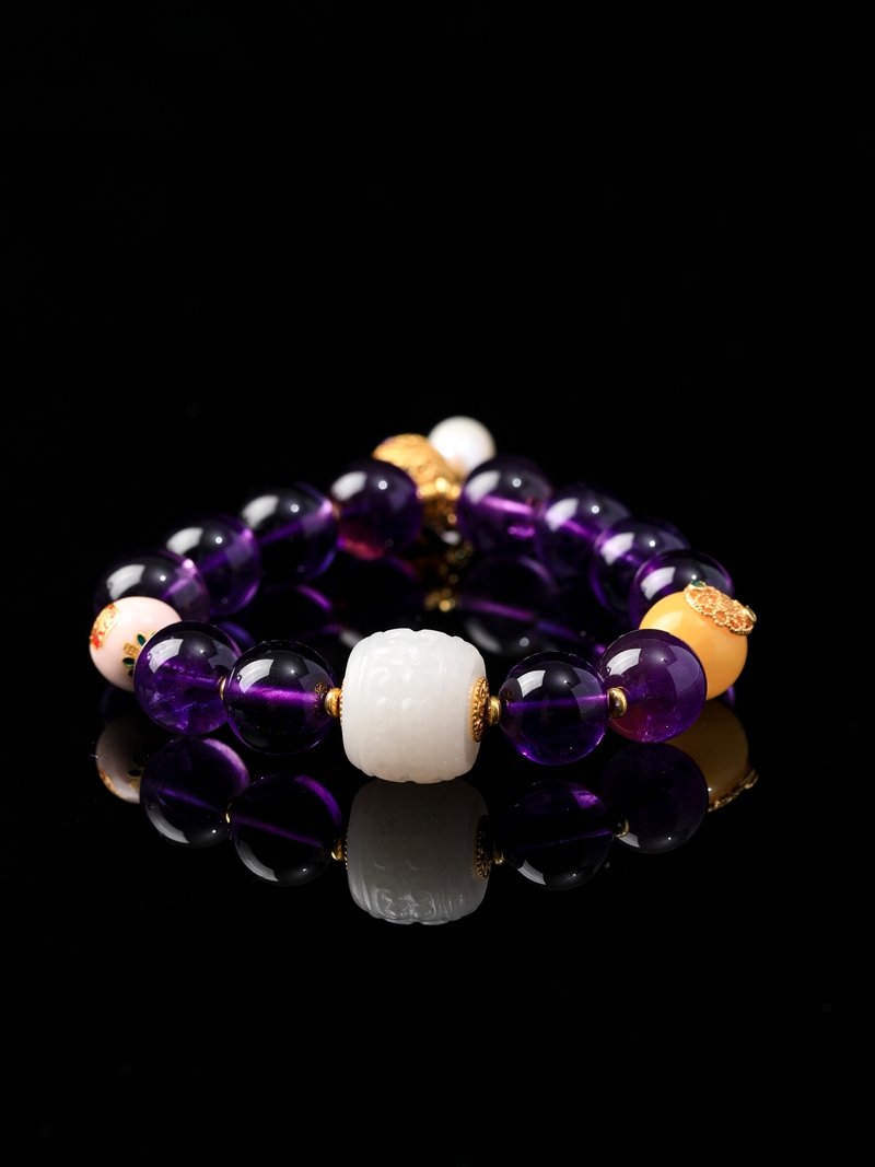 B15A0136 Uruguayan Amethyst Paired with Chinese Hetian Jade Bracelet
