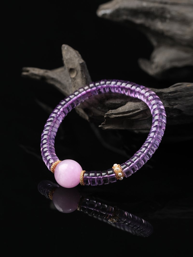 B15A0194 Natural Brazilian Amethyst Slice Bracelet Paired with Clear Quartz