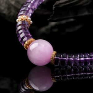 B15A0195 Natural Brazilian Amethyst Slice Bracelet Paired with Clear Quartz