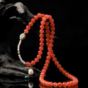 B15A0287 Natural Red Agate Necklace with Pearls