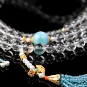 White Crystal Necklace/4-ring Bracelet with Larimar