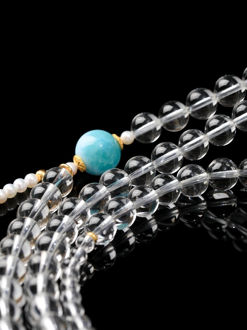 White Crystal Necklace/4-ring Bracelet with Larimar