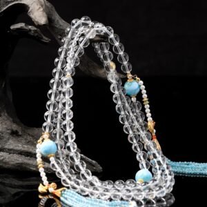 White Crystal Necklace/4-ring Bracelet with Larimar