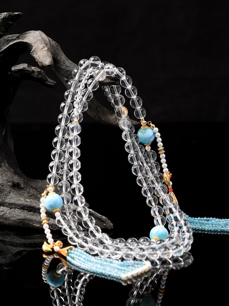 White Crystal Necklace/4-ring Bracelet with Larimar