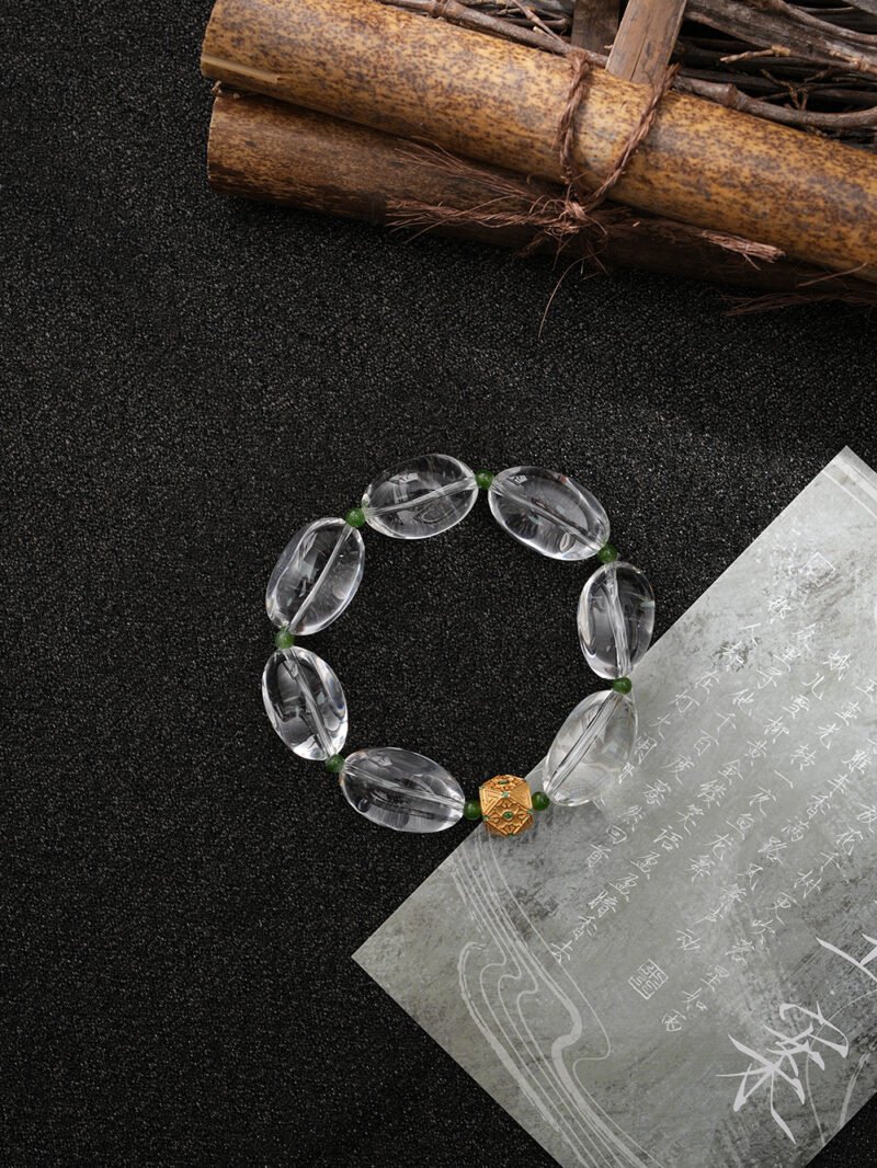 DSC01367 Natural Rice-shaped Clear Quartz Bracelet with Hetian Jade Spacers