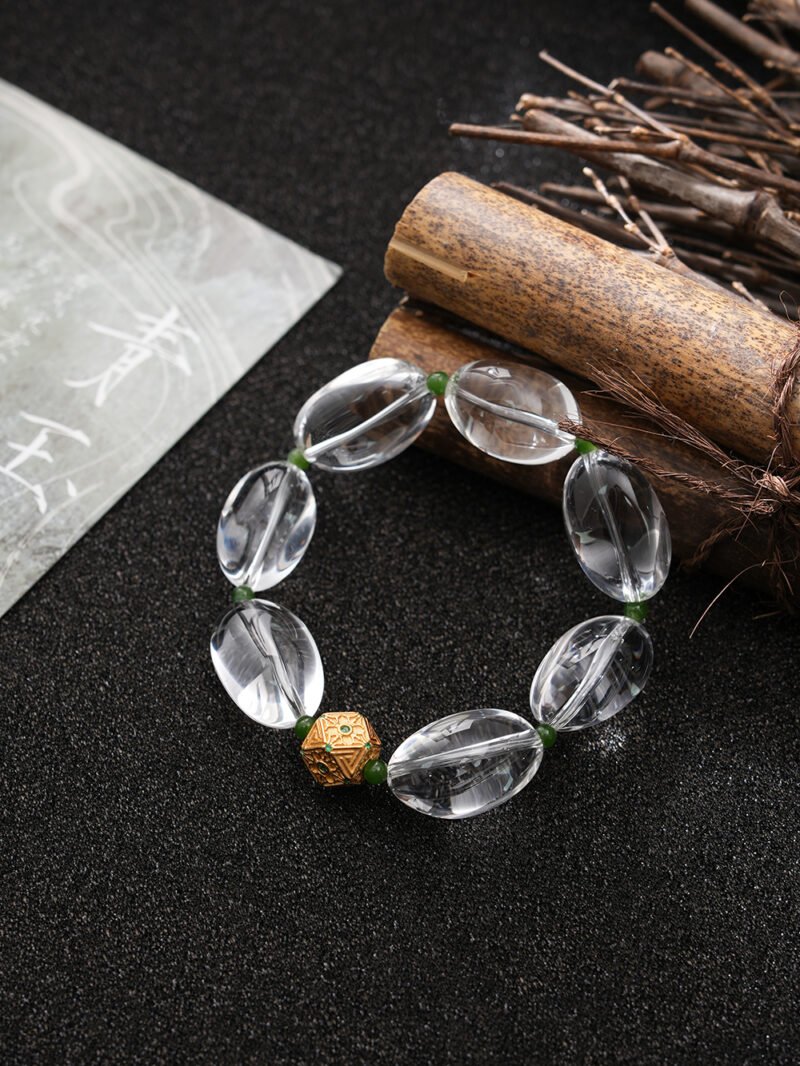 DSC01368 Natural Rice-shaped Clear Quartz Bracelet with Hetian Jade Spacers