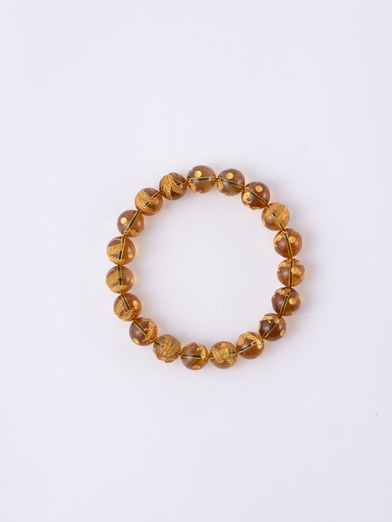 Natural Amber Bracelet Featuring Carved Golden Phoenix 10MM