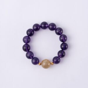 Natural Uruguayan Amethyst Bracelet Paired with Golden Rutilated Quartz 13MM