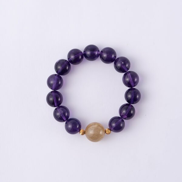 Natural Uruguayan Amethyst Bracelet Paired with Golden Rutilated Quartz 13MM