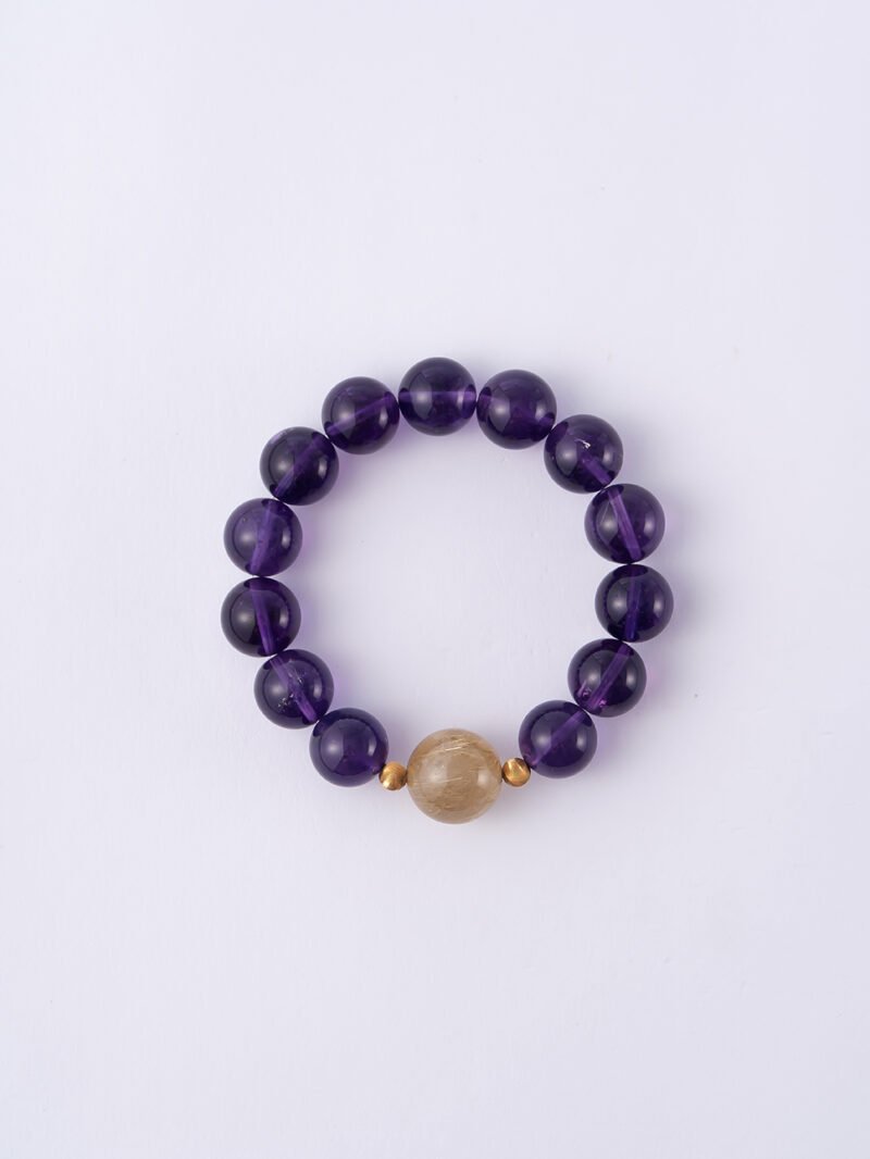 Natural Uruguayan Amethyst Bracelet Paired with Golden Rutilated Quartz 13MM
