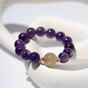 Natural Uruguayan Amethyst Bracelet Paired with Golden Rutilated Quartz 13MM