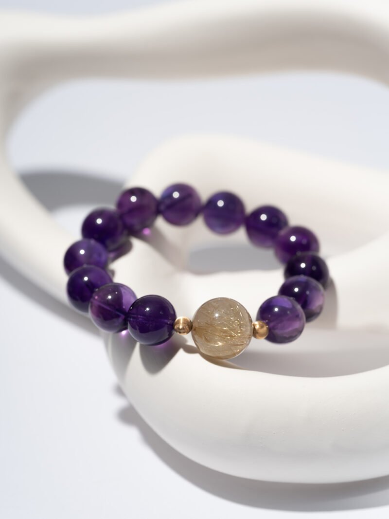 Natural Uruguayan Amethyst Bracelet Paired with Golden Rutilated Quartz 13MM