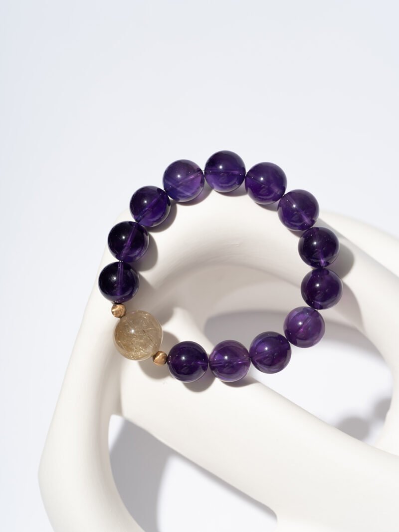 Natural Uruguayan Amethyst Bracelet Paired with Golden Rutilated Quartz 13MM