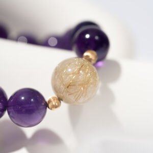 Natural Uruguayan Amethyst Bracelet Paired with Golden Rutilated Quartz 13MM