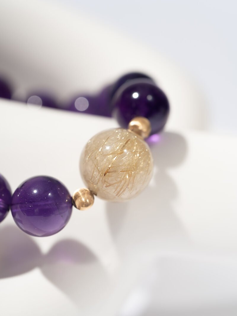 Natural Uruguayan Amethyst Bracelet Paired with Golden Rutilated Quartz 13MM
