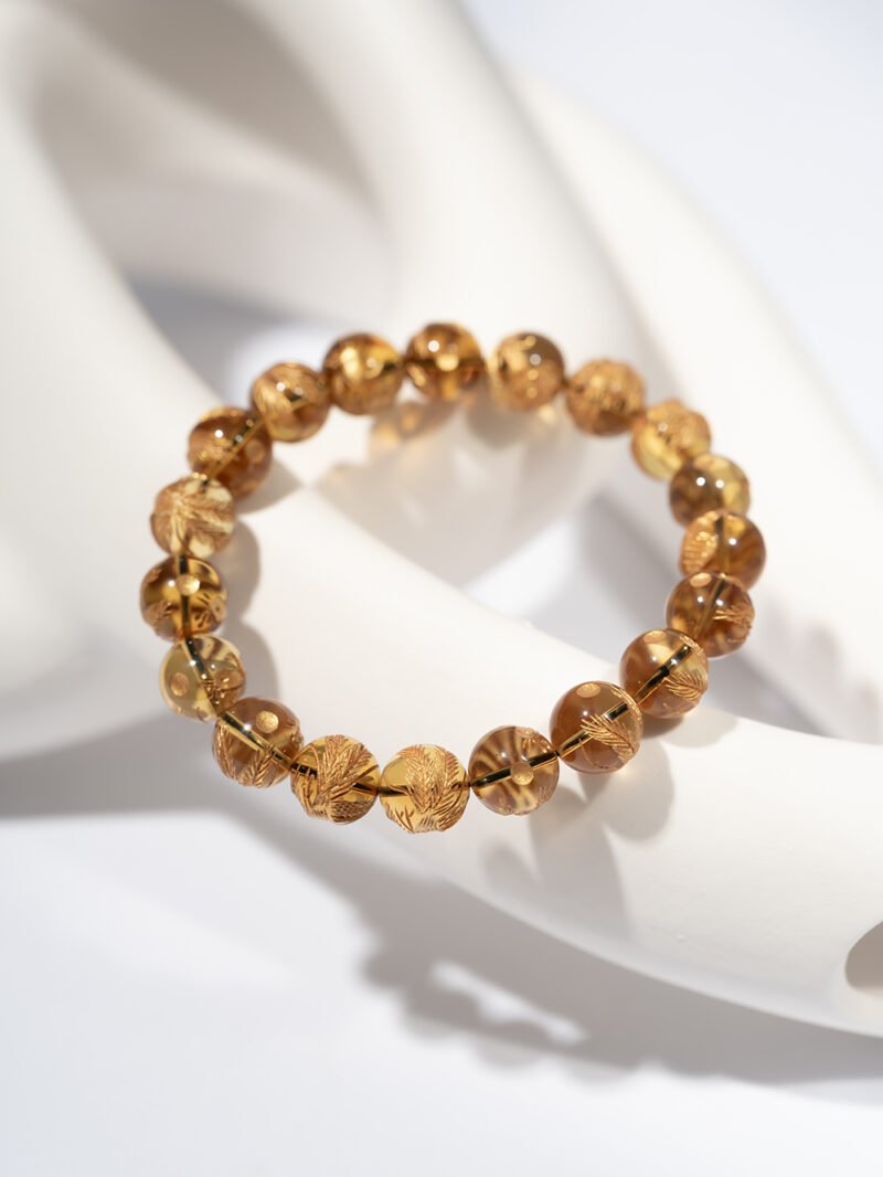 Natural Amber Bracelet Featuring Carved Golden Phoenix 10MM