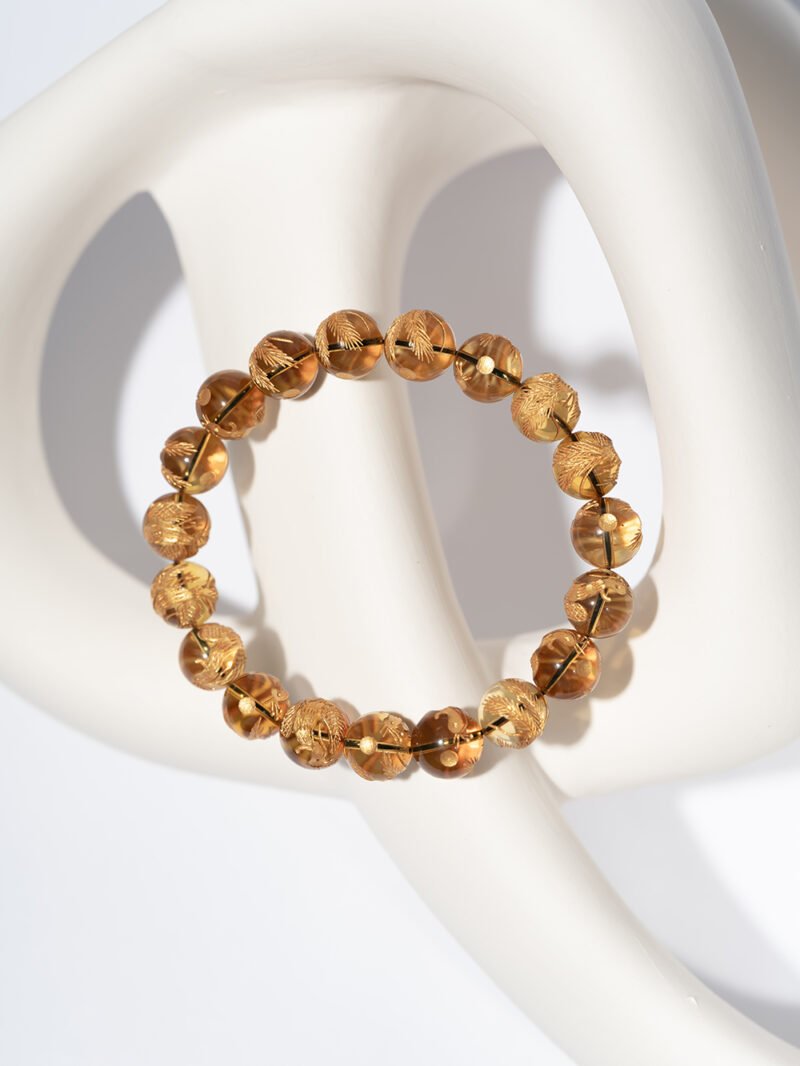 Natural Amber Bracelet Featuring Carved Golden Phoenix 10MM
