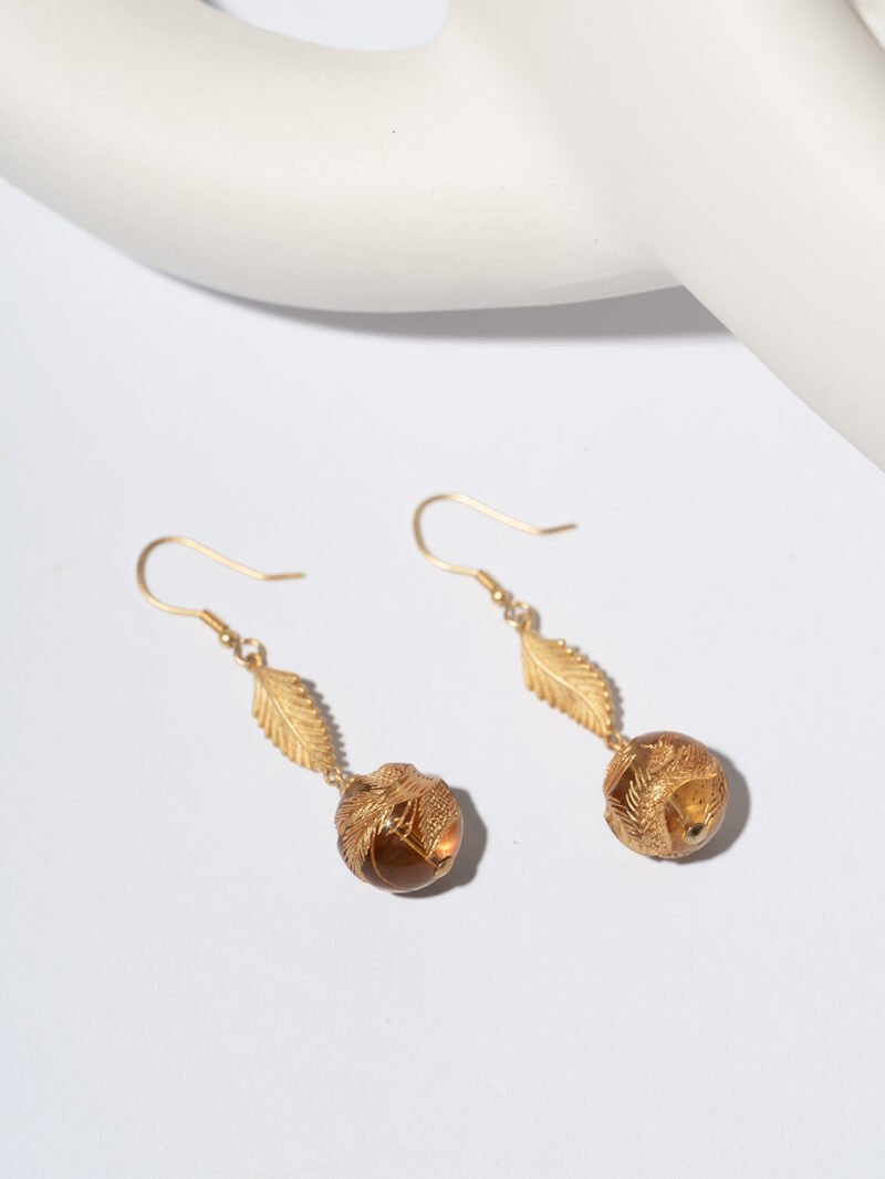 Mexican Amber Drop Earrings Inlaid with Golden Phoenix 11MM
