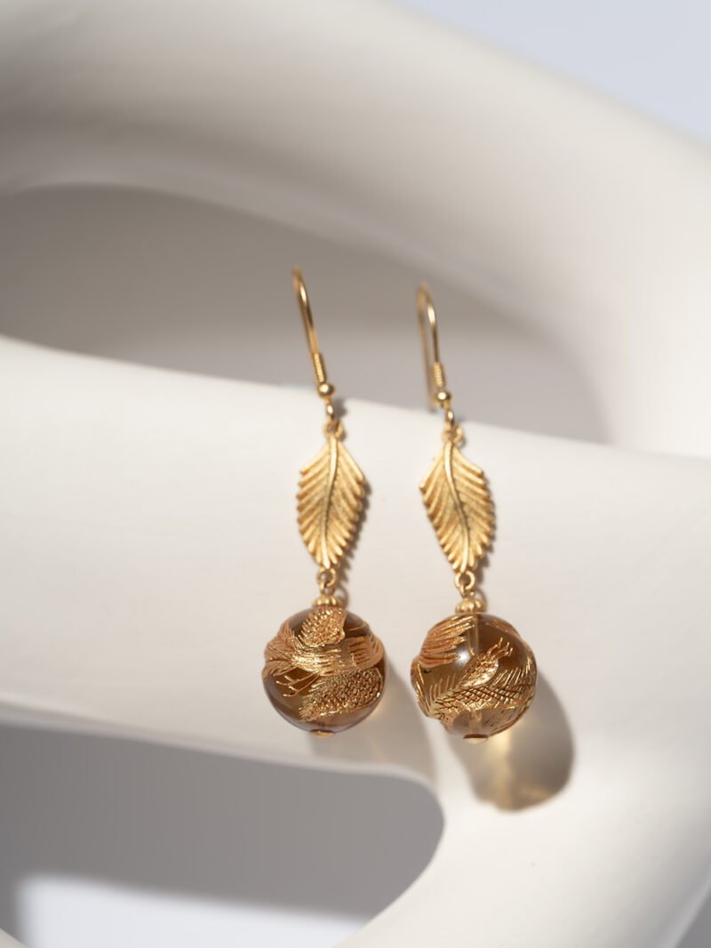 Mexican Amber Drop Earrings Inlaid with Golden Phoenix 11MM