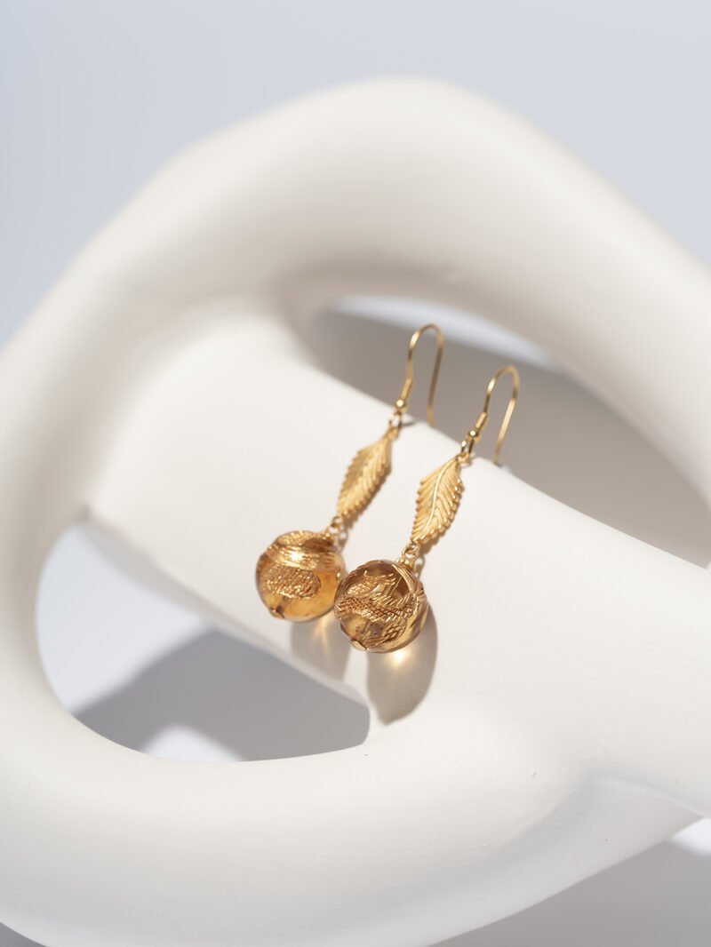 Mexican Amber Drop Earrings Inlaid with Golden Phoenix 11MM